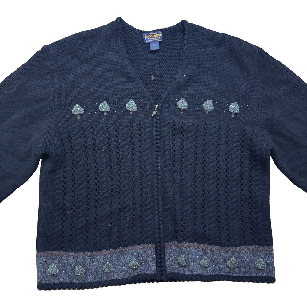 Woolrich Cardigan Women’s XL Black Lambswool Full Zip Sweater Christmas Vtg
